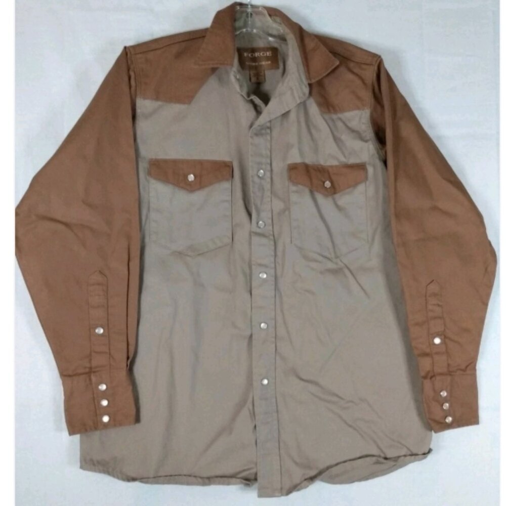 FORGE Western Work Wear Shirt Men Medium Long Sleeve Heavy Canvas Pearl Snap Tan